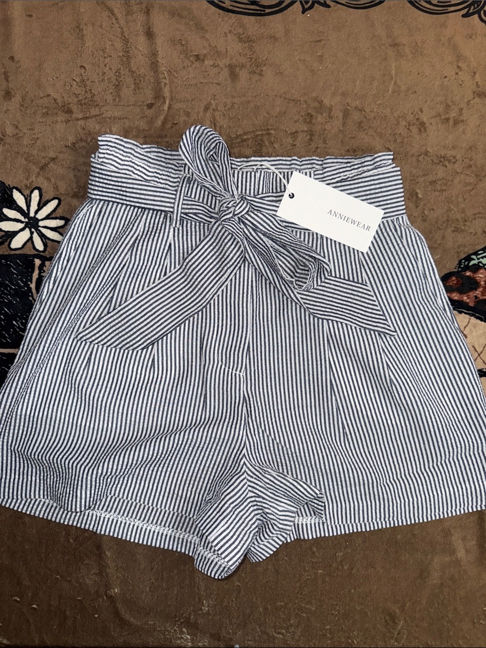 Anniewear Navy & White Striped High-Waist Tie-Belt Shorts